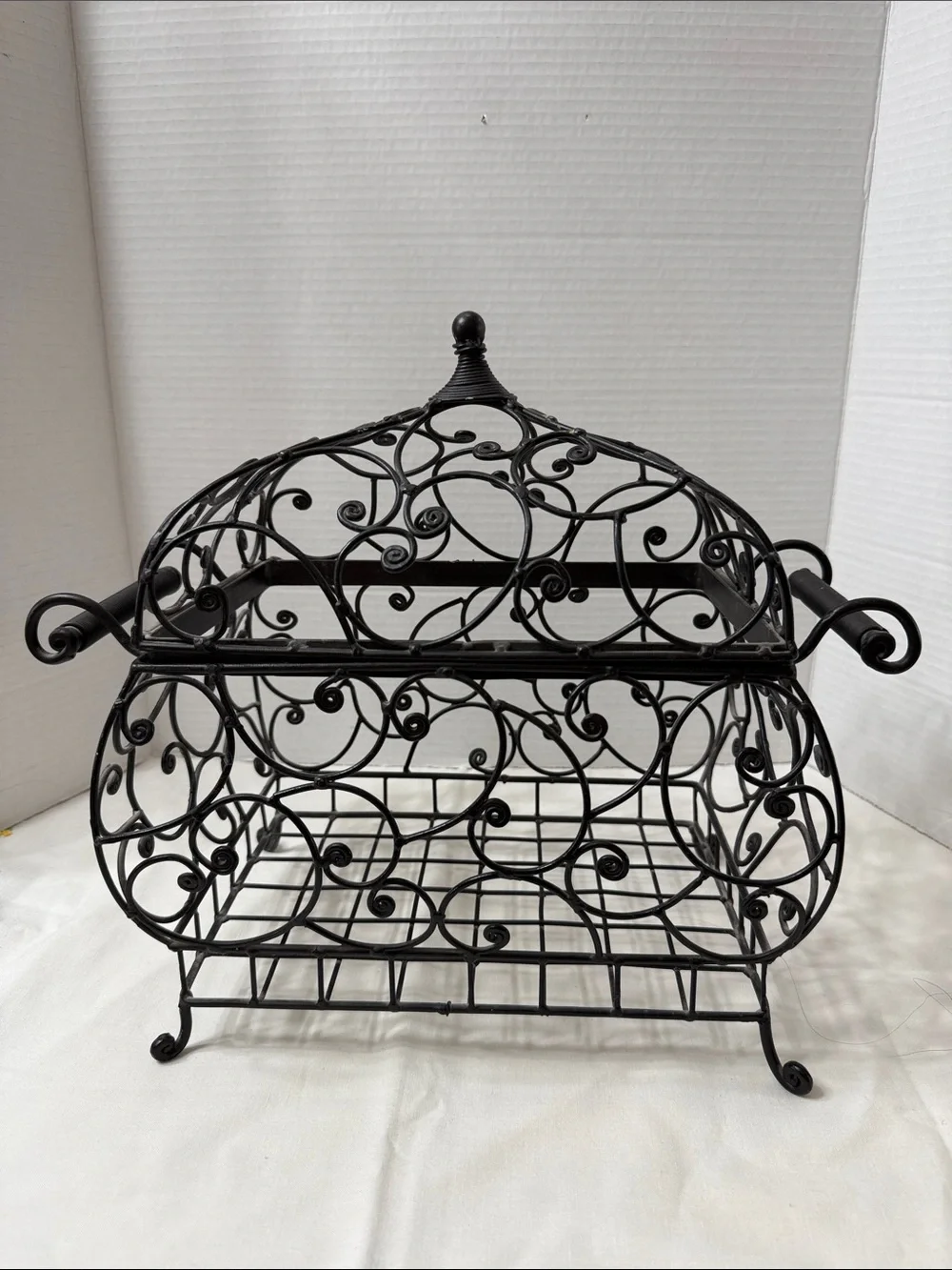 Vintage Wrought Iron Style Scrollwork Decorative Centerpiece Basket with Lid